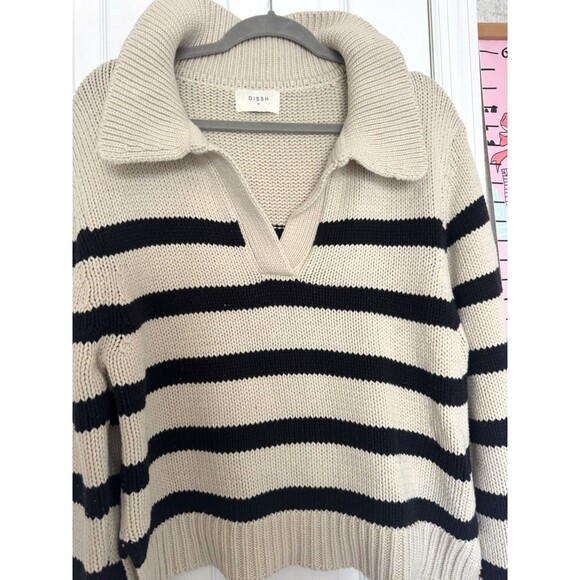 Dissh Knit Sweater Stripped Beige Black Medium Womens Merino Wool Blend - Picture 4 of 6